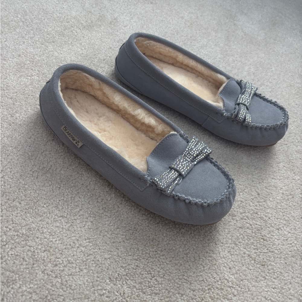cute bear paw slippers/house shoes with pretty silver bow